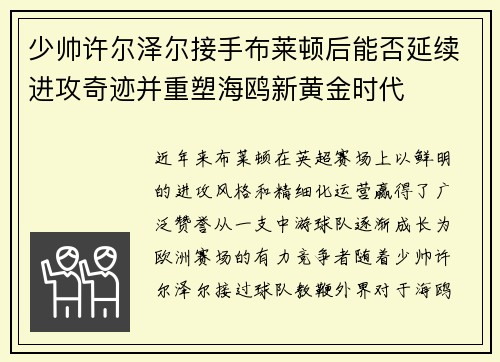 少帅许尔泽尔接手布莱顿后能否延续进攻奇迹并重塑海鸥新黄金时代 少帅许尔泽尔接手布莱顿后能否延续进攻奇迹并重塑海鸥新黄金时代